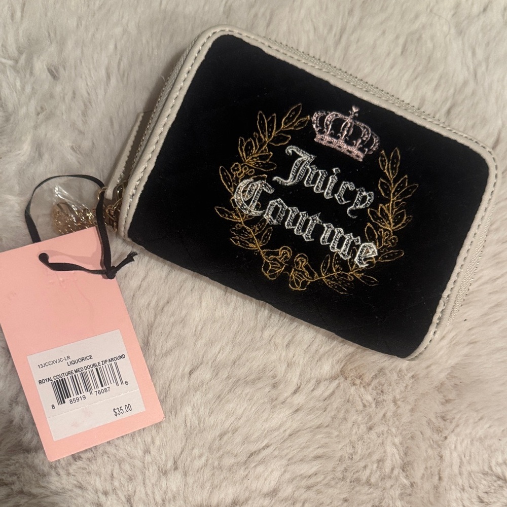 Juicy Couture Black Velvet Zip-Around Wallet with Embroidered Crest